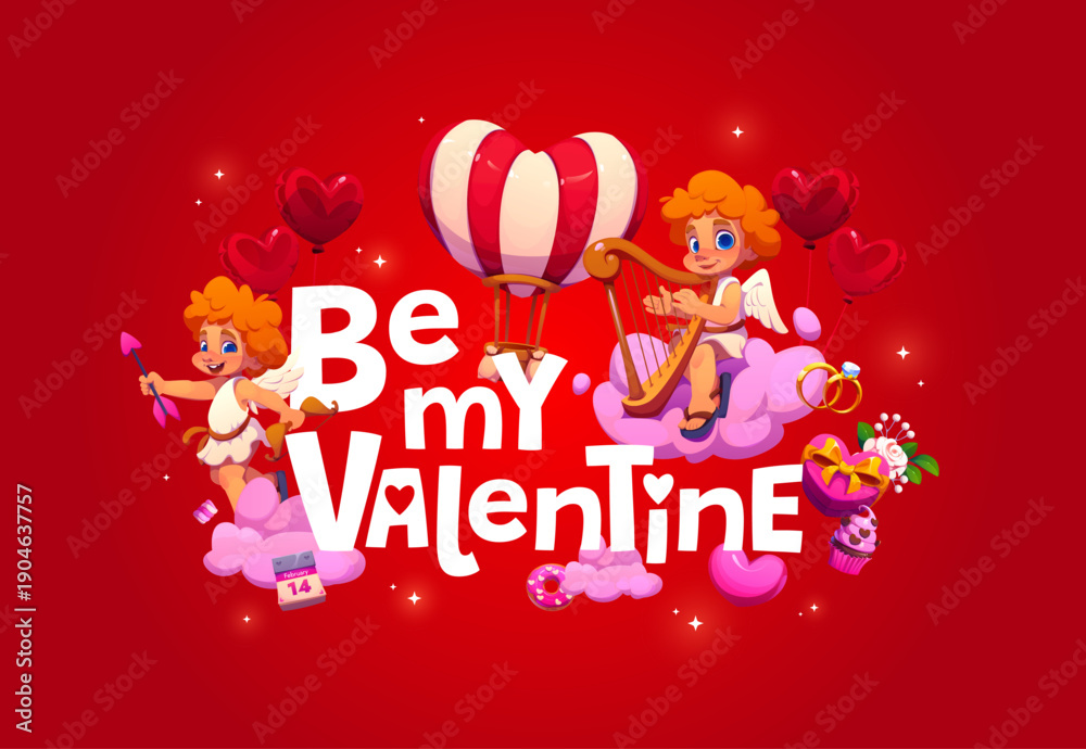 Fototapeta premium Be my Valentine greetings card featuring cherubic angels with hearts, harp, bow and love decorations, promoting romantic and joyful emotions for February 14th or love holiday celebration and greetings