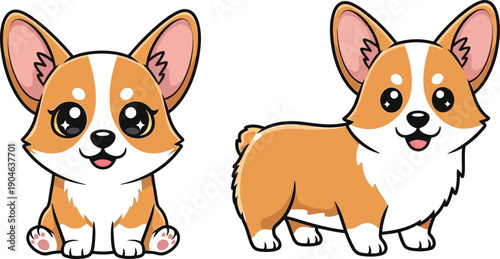 A cute cartoon illustration of a set of funny dogs featuring a brown chihuahua puppy and a white bull breed character isolated on a vector art background