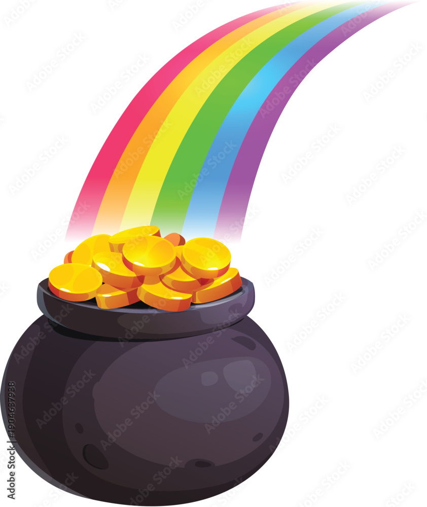 Naklejka premium Pot of gold at the end of the rainbow. Happy St Patrick day symbol. Vector magical black cauldron overflowing with shiny gold coins with arching rainbow, symbolizing luck, wealth and Irish folklore