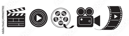 Cinematic icons set: clapperboard, play button, film reels, camera, film strip for creative projects