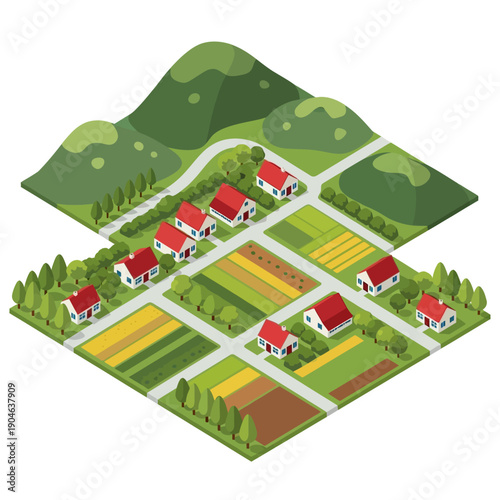 Isometric illustration of a rural landscape with houses and farmland.