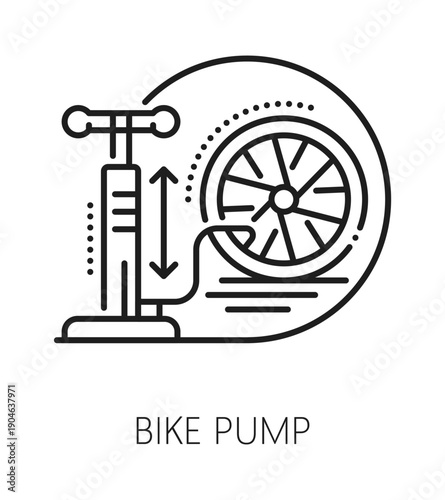 Bicycle wheel pump service line icon or symbol. Bike maintenance technical service linear sign, repair workshop vector icon. Bicycle equipment store or shop pictogram with hand air pump and bike wheel