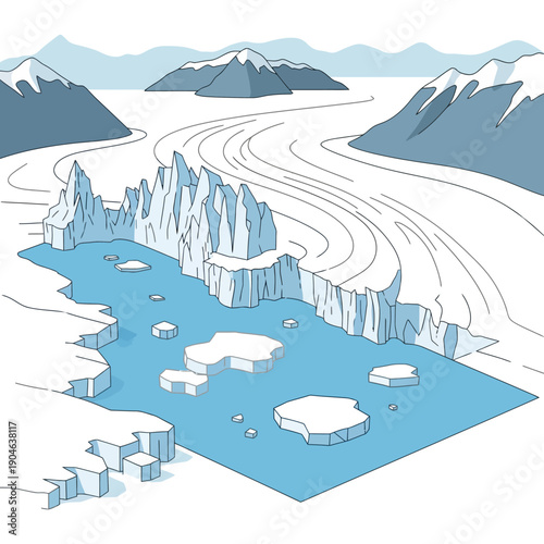 Melting Iceberg and Glacier Illustration with Snowy Mountains.