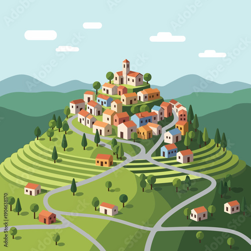 Quaint Village Nestled in Rolling Hills with Lush Greenery and Winding Roads.