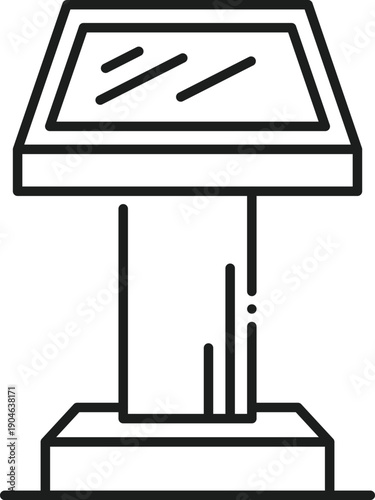 Retail promo interactive stand display line icon or sign. Retail presentation interactive screen pictogram, business light box lineart vector symbol. Exhibition advertising stand display sign or icon