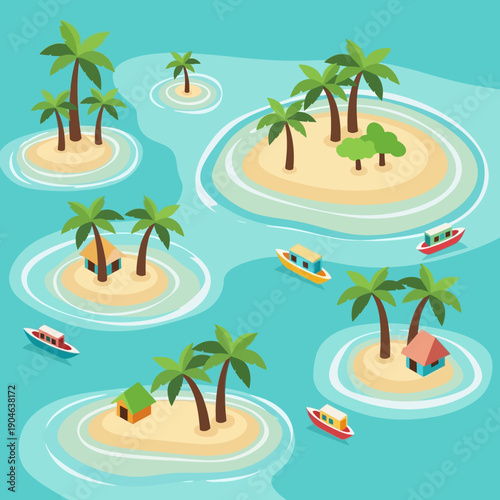 Tropical islands with palm trees and boats in the ocean.