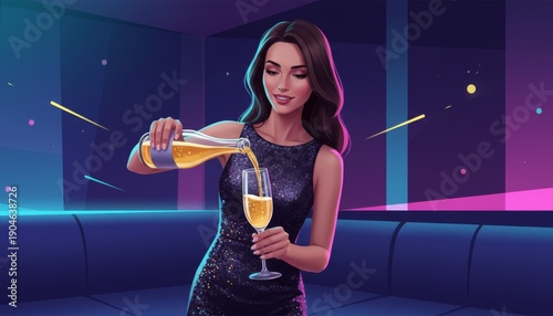 Woman pouring champagne in club with elegant dress and champagne tower in vivid neon lounge scene
