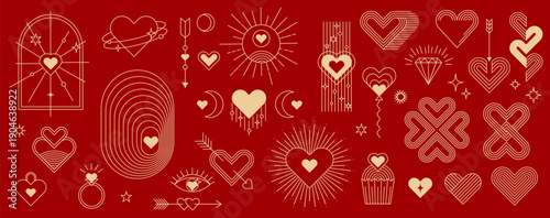 Boho Valentine line icons, bohemian love wedding and celestial patterns and motifs on red background. Vector linear romantic elements as arrows, rings, crescent moons and stars for festive decoration