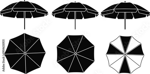 Minimalist beach umbrella designs in black and striped patterns, shown from side and top views, modern summer shade illustration for outdoor vacation and resort concepts