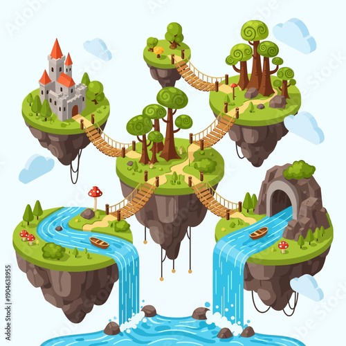 Fantasy floating islands with castle and waterfalls.