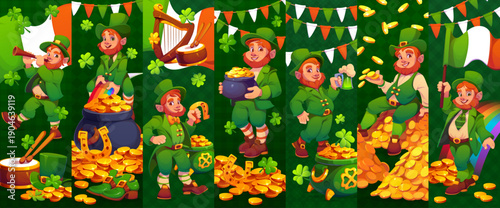 Cheerful leprechaun characters on st patricks day holiday collage. Saint Patrick holiday cartoon vector background or collage with leprechaun funny character, pot of golden coins, shamrock clovers