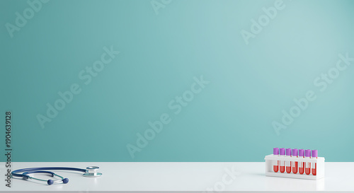 Medical Equipment with Blood Samples on Table - Stethoscope and Vials for Healthcare, Medical Research, and Laboratory Settings