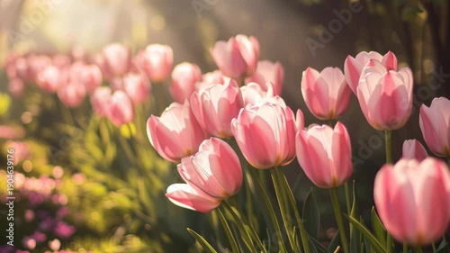 Pink tulips bloom in garden during sunny morning hours
