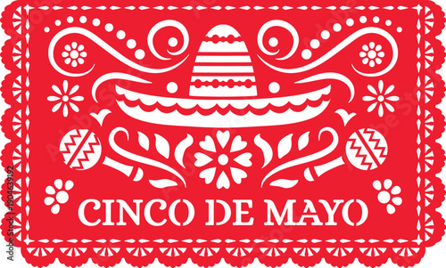 Cinco de Mayo Mexican paper cut papel picado flag for holiday, vector banner. Cinco de Mayo papel picado flag with mariachi sombrero and maracas with marigold flowers in Mexican paper cut ornament