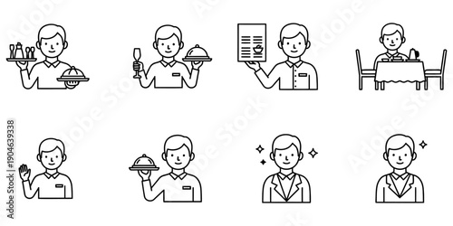 Restaurant Staff Icon Set: Waiter Serving Food, Presenting Menu, Greeting Guests, Formal Service