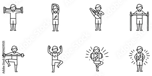 Diverse Fitness Icons: People Exercising with Weights, Stretching, and Pull-up Bar, Line Art Style