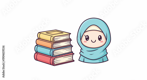 Cute cartoon Muslim girl wearing a hijab happily standing next to a stack of colorful books, symbolizing education, learning, and knowledge for children.
