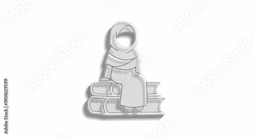 Muslim woman in hijab sitting on a stack of books, symbolizing education, knowledge, and learning. Islamic culture and female empowerment through study.
