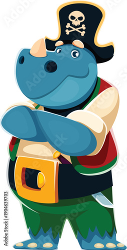 Cartoon rhino animal pirate captain character in tricorn hat. Vector strong corsair crosses his arms proudly, pose conveys pride and strength. Cute rhino in green pants for kids pirate party