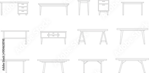 Minimalist Line Art Office Desk and Table Icons Set Featuring Various Structural Designs and Frames Black and White Vector Illustration