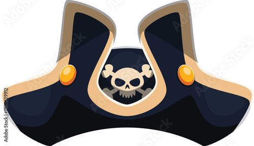 Cartoon pirate hat, corsair captain tricorn. Vector seafarer headdress with jolly roger skull emblem. Isolated buccaneer cocked hat, headgear, sailor cap. Filibuster piracy party costume accessory