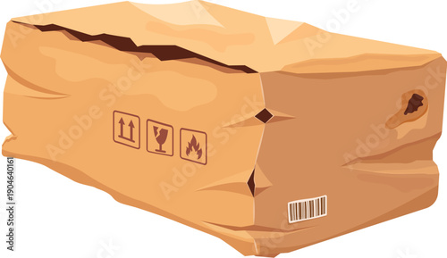Crumpled damaged cargo delivery box with wrinkled sides, ripped surface patches and creased flaps. Vector broken ripped parcel cardboard package with crushed edges and punctures, damaged delivery box