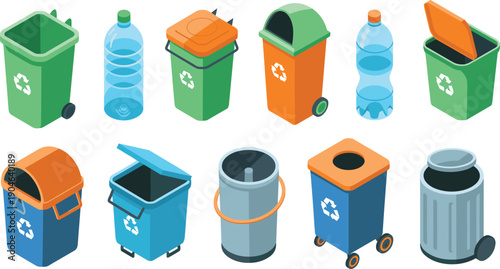Recycling bins and plastic bottles set for waste sorting and collection, colorful flat vector icons for environmental sustainability