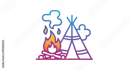 Colorful gradient line art icon illustrating a cozy campfire next to a traditional teepee tent