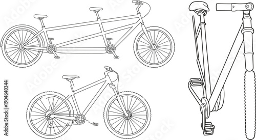 Tandem bicycle and mountain bike blueprint line vector set with component views, detailed cycling outlines for engineering drawing and technical illustration