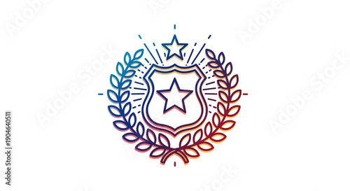 Stylized gradient line art icon representing a badge of honor with a star and laurel wreath design