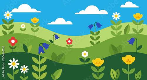 Colorful Cartoon Flowers in Green Field.