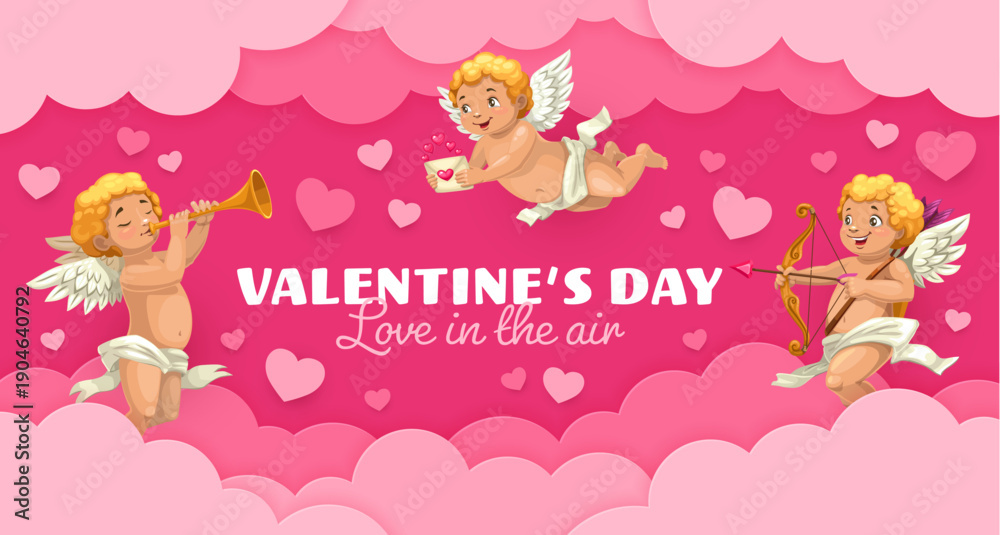Naklejka premium Paper cut valentines cherubs in sky clouds. Vector romantic greeting card or banner with 3d pink clouds frame and elegant script. Cheerful cupids floats with bow and arrow, love letter and trumpet
