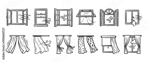 Hand-drawn icons of open windows and curtains blowing in the wind, a set of black and white line art illustrations showing ventilation and fresh air concepts
