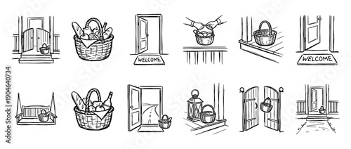Hand-drawn sketch icon set of welcome baskets left on a doorstep, porch, and gate, illustrating concepts of hospitality, neighborly gifts, and community kindness in a simple line art style