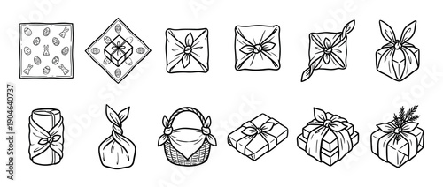 Hand-drawn gift wrapping icons set showing various techniques like furoshiki fabric wrapping, festive paper, and basket presentation in a simple black and white line art doodle style