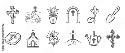 Set of hand-drawn Christian icons featuring crosses, a church, a lily, and gardening symbols for Easter and faith concepts in a black and white doodle style illustration