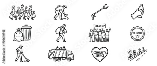 Hand-drawn icon set for community cleanup showing volunteers, garbage collection, recycling, and environmental care in a simple black and white doodle style illustration