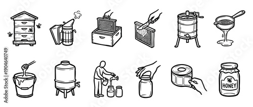 Beekeeping and honey production process icon set illustrating the complete journey from apiary to jar, including the beehive, extractor, and smoker in a hand-drawn line art style