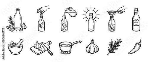 Set of hand-drawn cooking icons showing the step-by-step recipe for making homemade infused olive oil with herbs, garlic, and spices in a simple monochrome doodle style