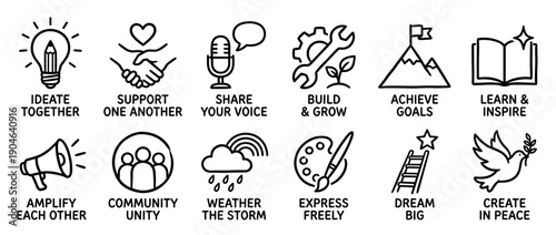 Collection of twelve black line art icons with motivational phrases illustrates concepts of teamwork, support, personal growth, and achievement in a simple hand-drawn style