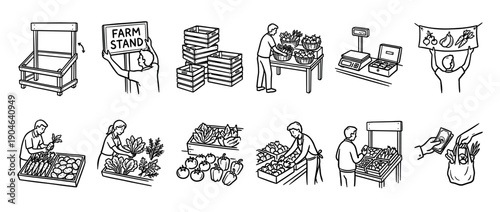 Hand-drawn farm stand and farmers market icons showing people selling and buying fresh organic produce, wooden crates, and weighing scales in a simple black and white line art style