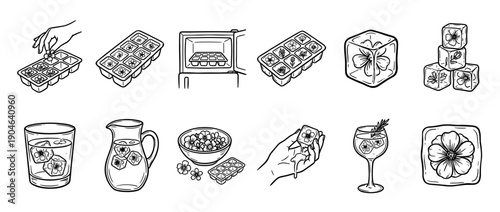 Hand-drawn black and white icon set illustrating the step-by-step process of making floral ice cubes for elegant summer cocktails and refreshing drinks