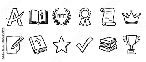 Collection of hand-drawn black outline icons representing education, competition, and achievement, featuring a trophy, bible, award ribbon, crown, star, and spelling bee wreath