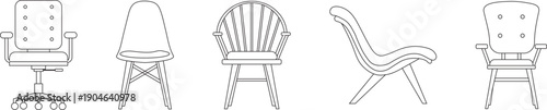 Minimalist Line Art Seating Icons Set Featuring Modern Chairs and Armchairs in Thin Outline Style Black and White Vector Illustration