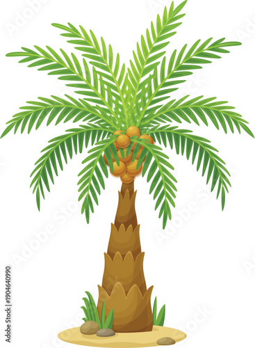 Cartoon tropical palm tree with green leaves, brown trunk, coconuts, sand, stones and grass. Isolated vector island plant with natural foliage, exotic summer vacation scenery, paradise beach flora