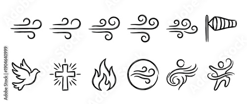Set of hand-drawn Christian icons representing the Holy Spirit, including a dove, cross, fire, and wind symbols in a simple black and white sketch doodle illustration style