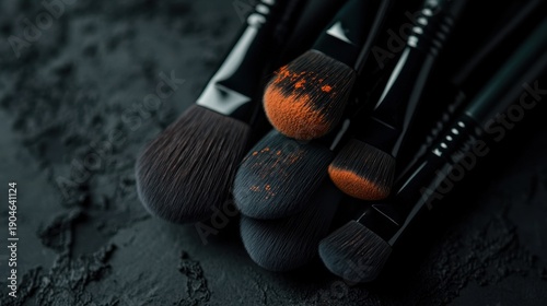 Dusty makeup brushes arranged on a dark surface.