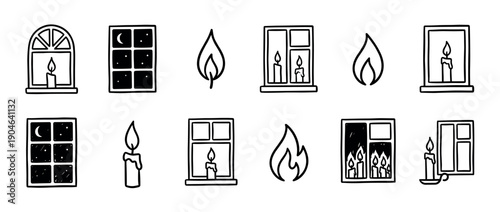 Hand-drawn doodle icon set of candles on windowsills, flames, and night sky windows in a minimalist black and white line art style for cozy or memorial concepts
