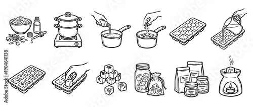 Hand-drawn set of black and white icons showing the step-by-step process of making homemade scented wax melts for aromatherapy, from melting ingredients to using in a warmer