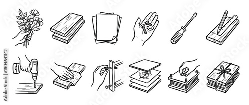 Set of black and white doodle illustrations depicting a DIY flower pressing hobby, showing hands with tools, wood, paper, and the step-by-step crafting process